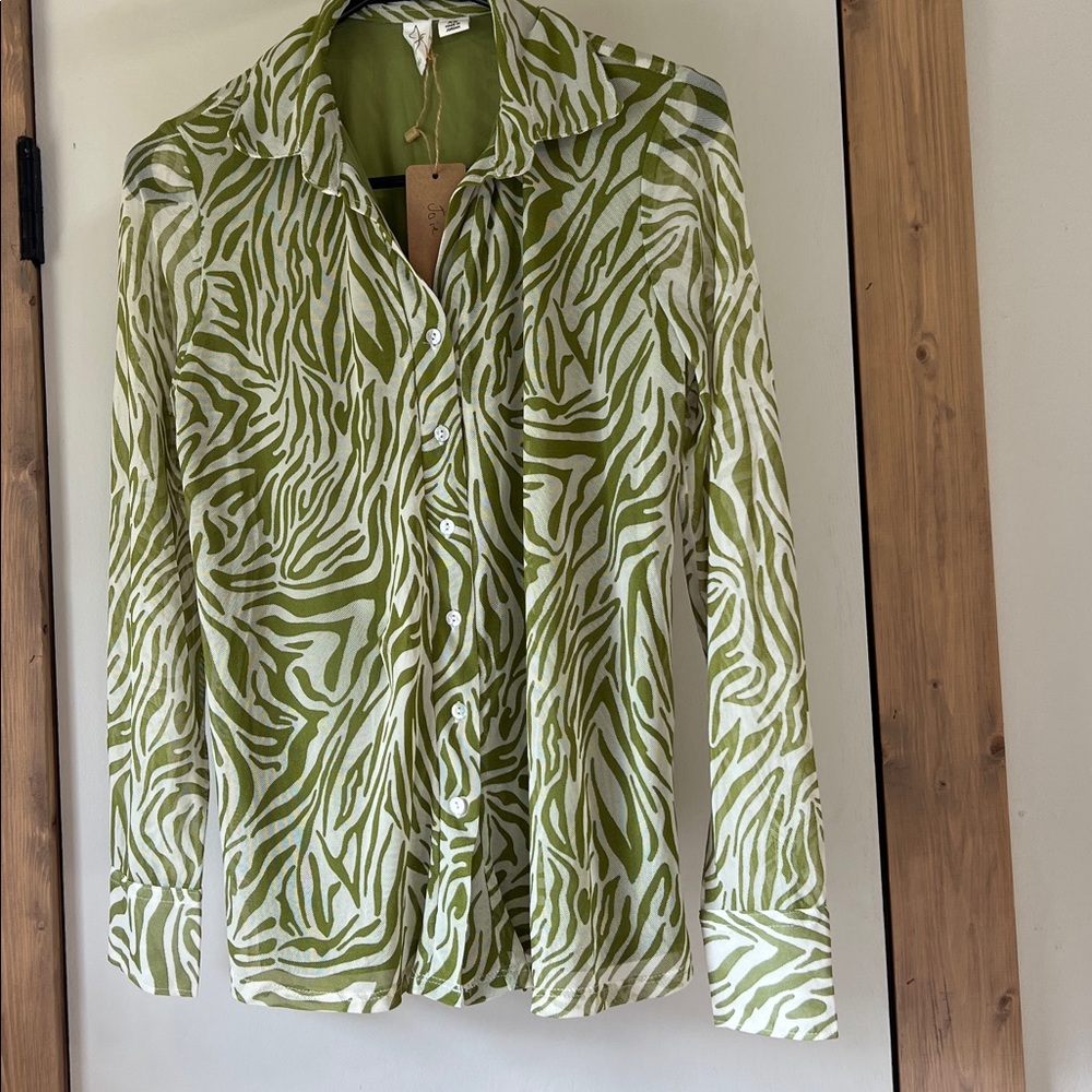 Joie Button Up Shirt Women’s XS Green White Zebra stripe